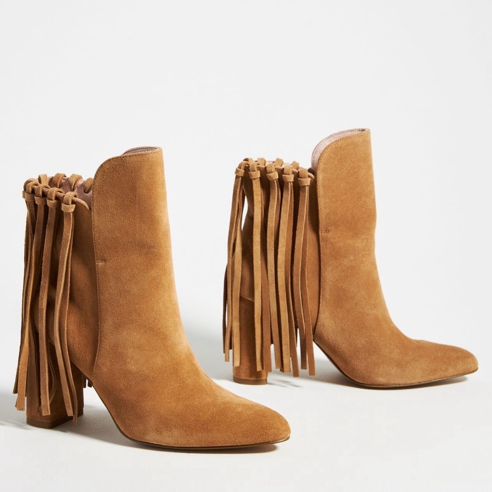 Anthropologie Cecelia New York Brackett Fringe Boots in Taupe Suede Size 9 - Picture 2 of 12